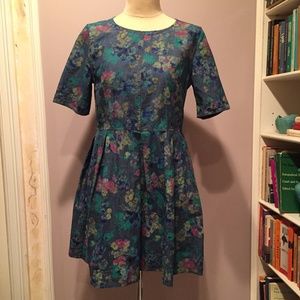 GAP Fit & Flare Watercolor Floral Denim Dress 14